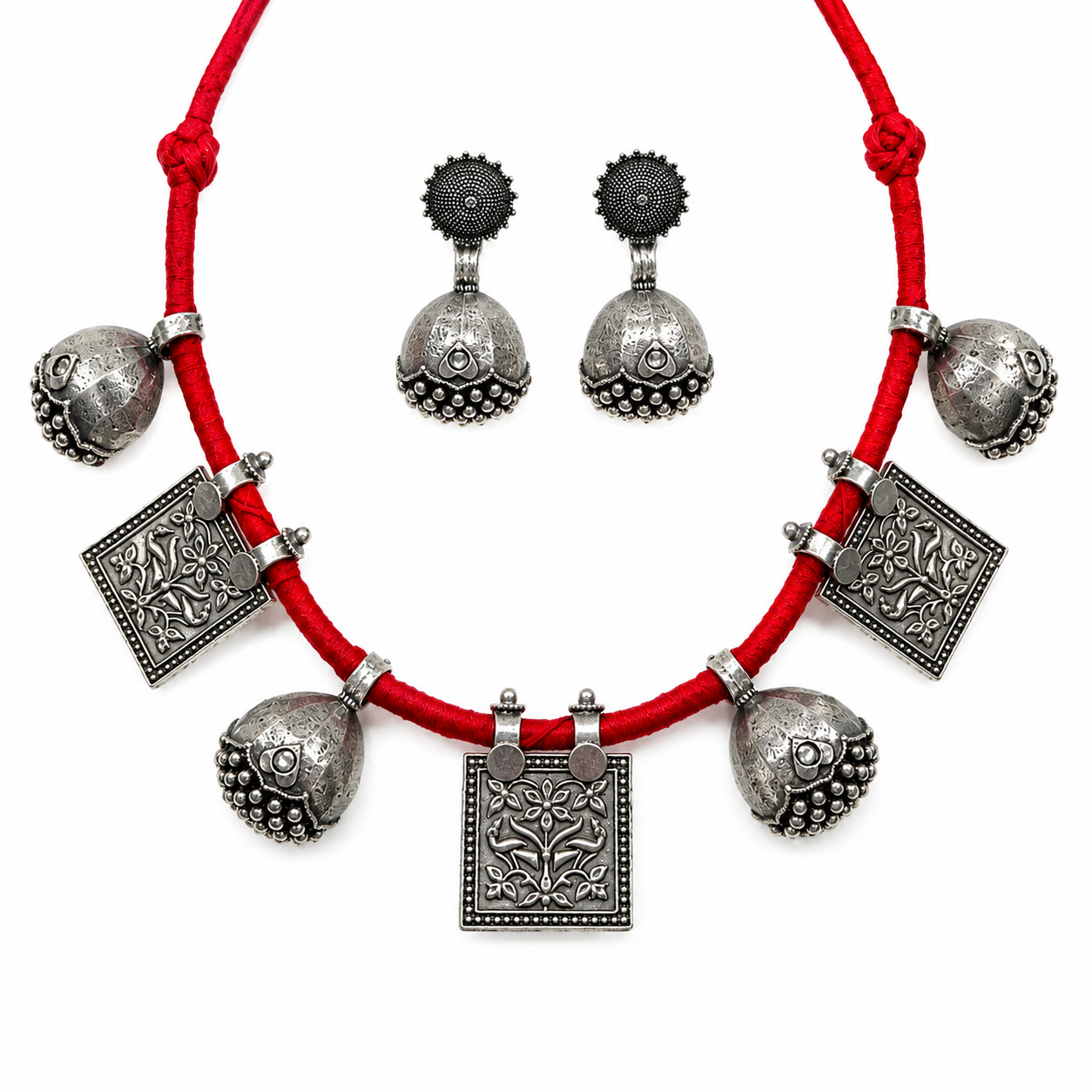 Oxidized Silver Tribal Choker Necklace & Jhumka Earrings Set