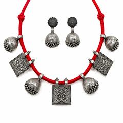Oxidized Silver Tribal Choker Necklace & Jhumka Earrings Set