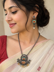 Oxidized Silver Multicolor Heart Pendant Necklace & Earrings Set
