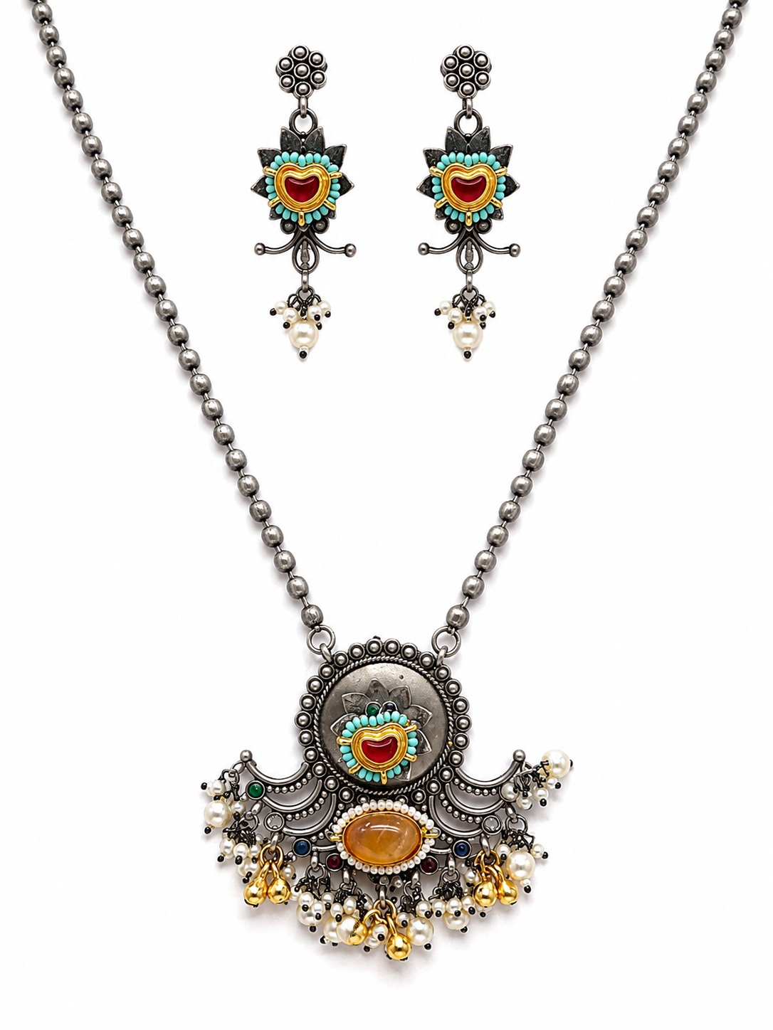 Oxidized Silver Multicolor Heart Pendant Necklace & Earrings Set