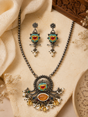 Oxidized Silver Multicolor Heart Pendant Necklace & Earrings Set