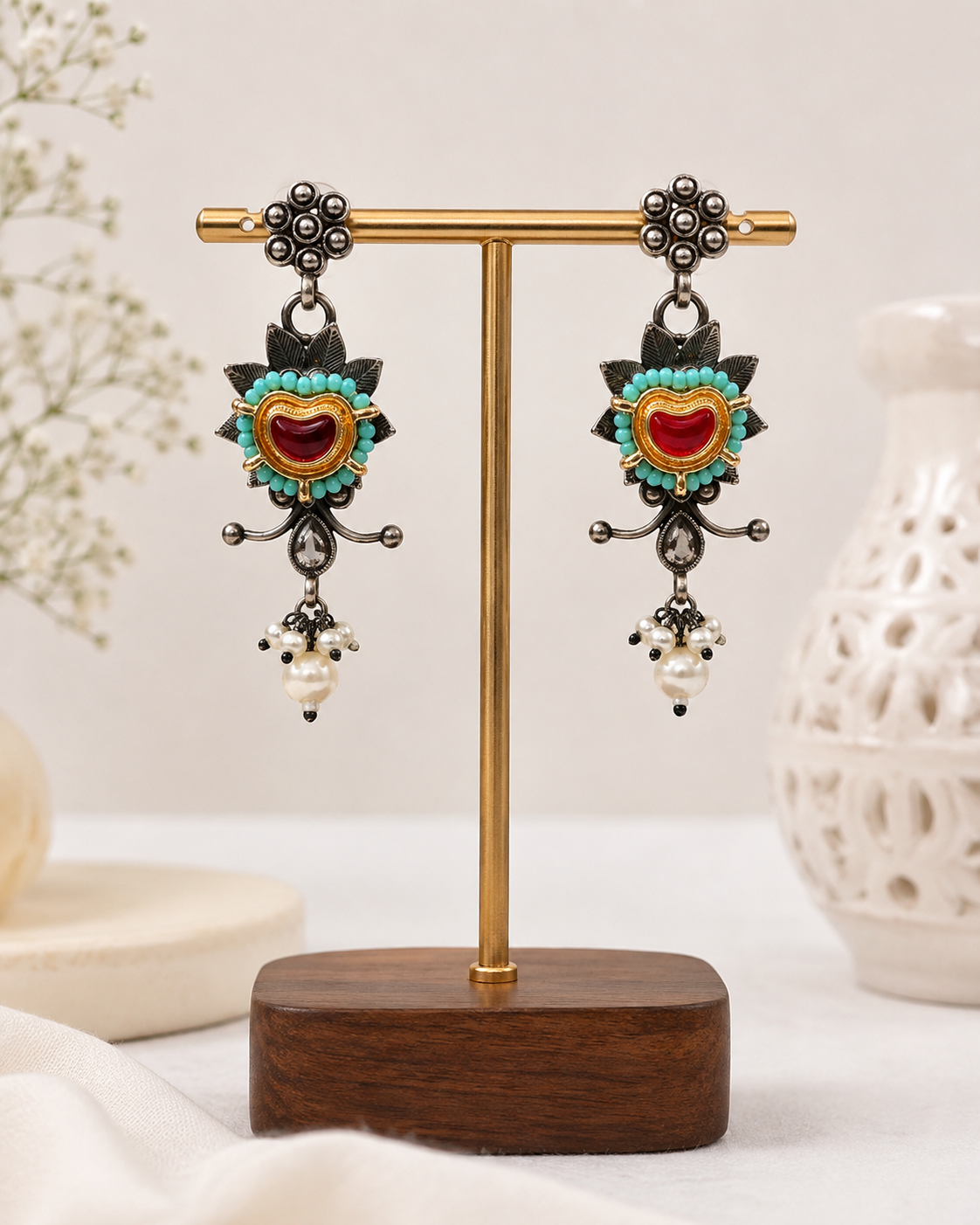 Oxidized Silver Multicolor Heart Pendant Necklace & Earrings Set