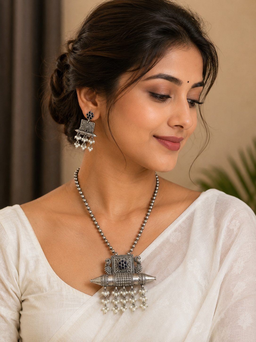 Oxidized Silver Pearl Drop Statement Necklace & Earrings Set