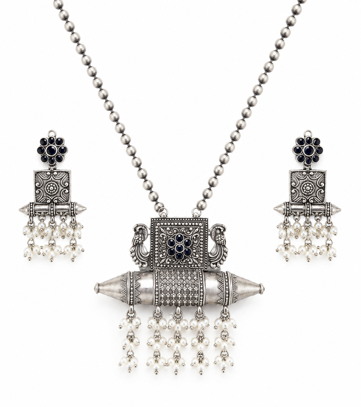Oxidized Silver Pearl Drop Statement Necklace & Earrings Set