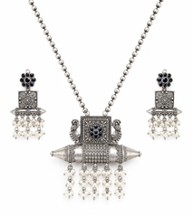Oxidized Silver Pearl Drop Statement Necklace & Earrings Set