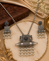 Oxidized Silver Pearl Drop Statement Necklace & Earrings Set