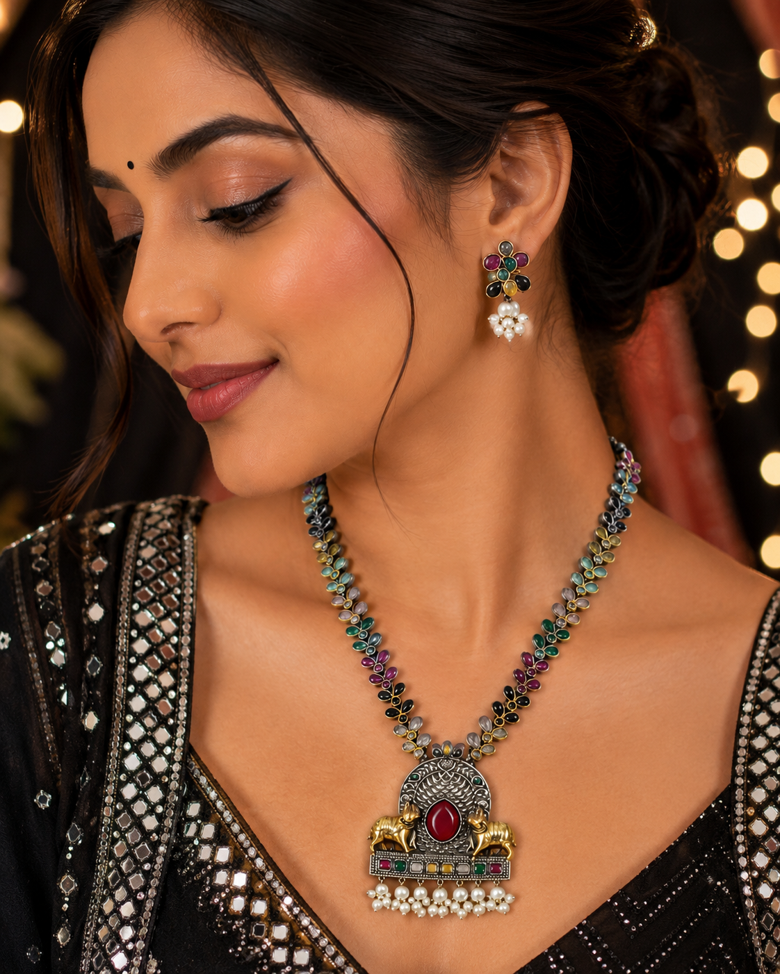 Royal Elephant Motif Multicolor Stone Necklace & Earrings Set
