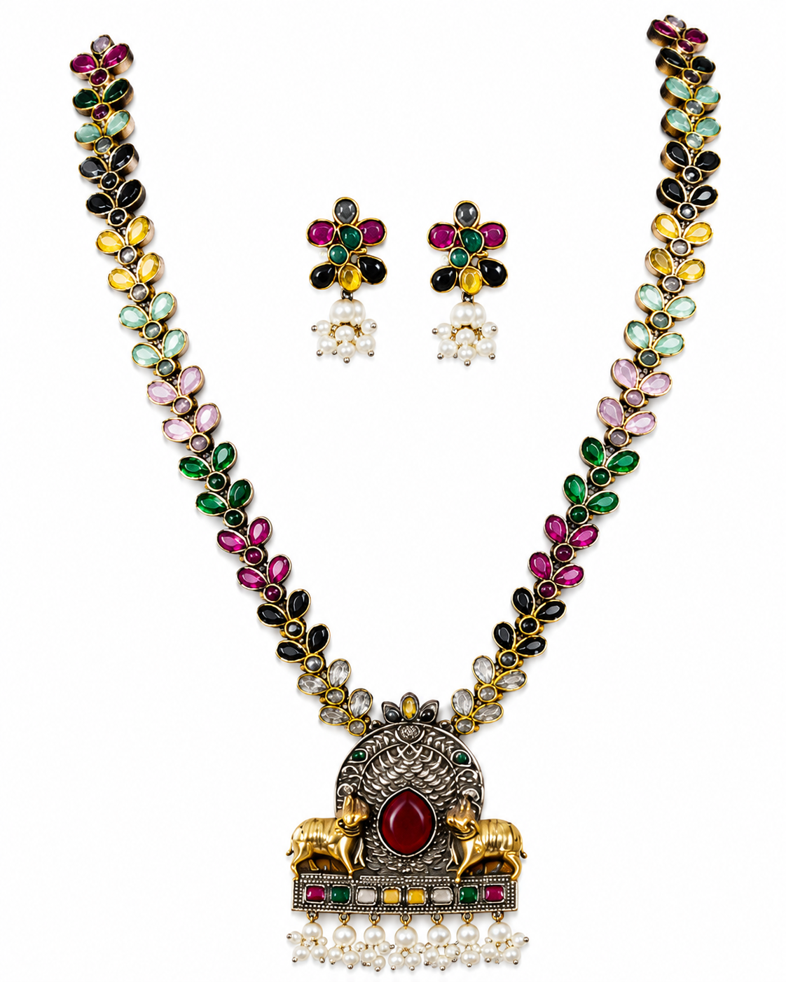 Royal Elephant Motif Multicolor Stone Necklace & Earrings Set