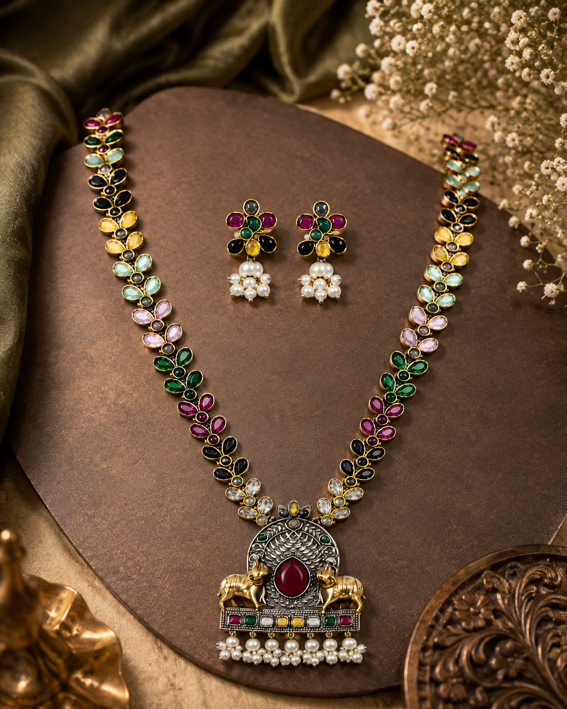 Royal Elephant Motif Multicolor Stone Necklace & Earrings Set