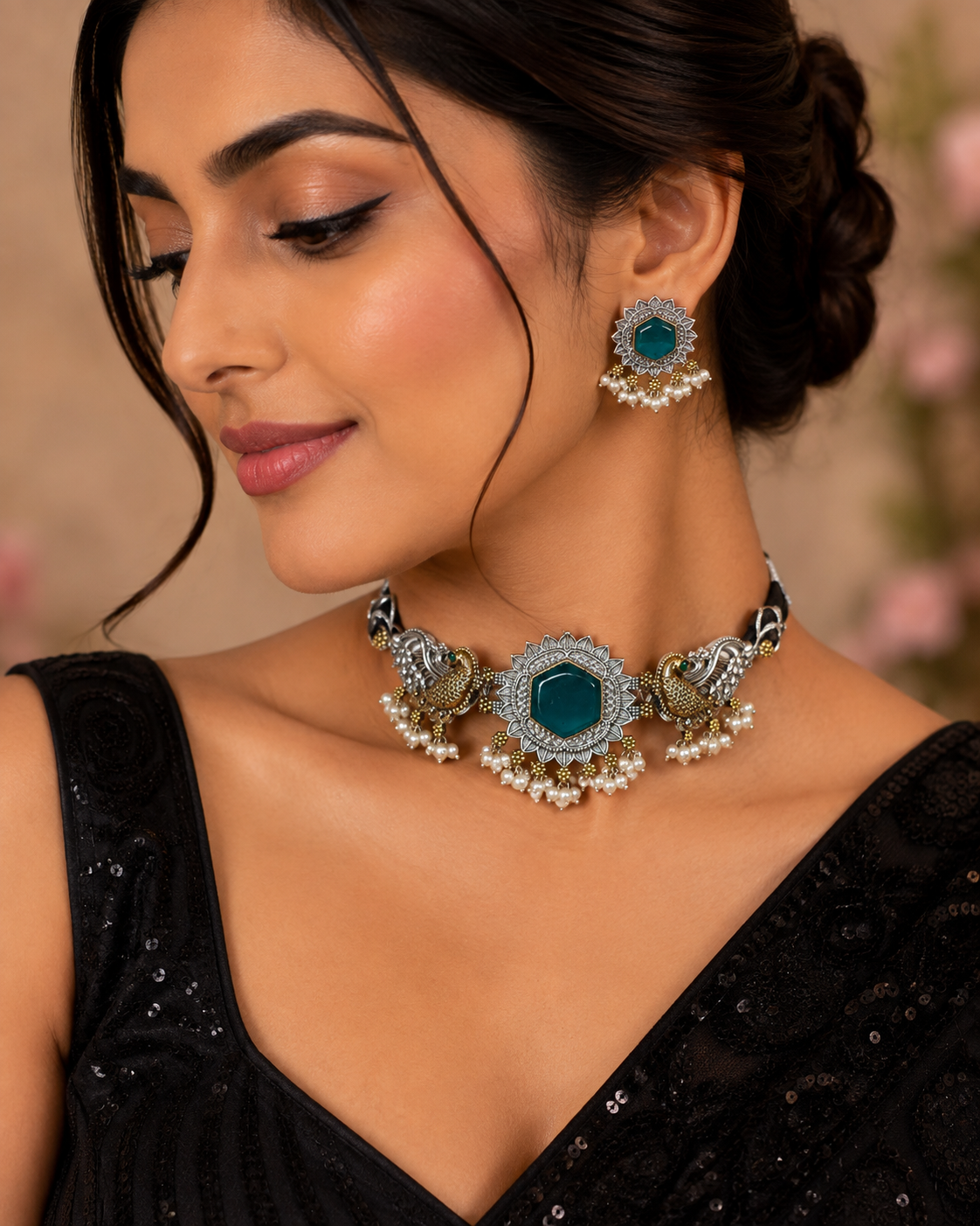 Oxidized Silver Peacock Choker Necklace & Earrings Set with Green Stone