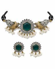 Oxidized Silver Peacock Choker Necklace & Earrings Set with Green Stone
