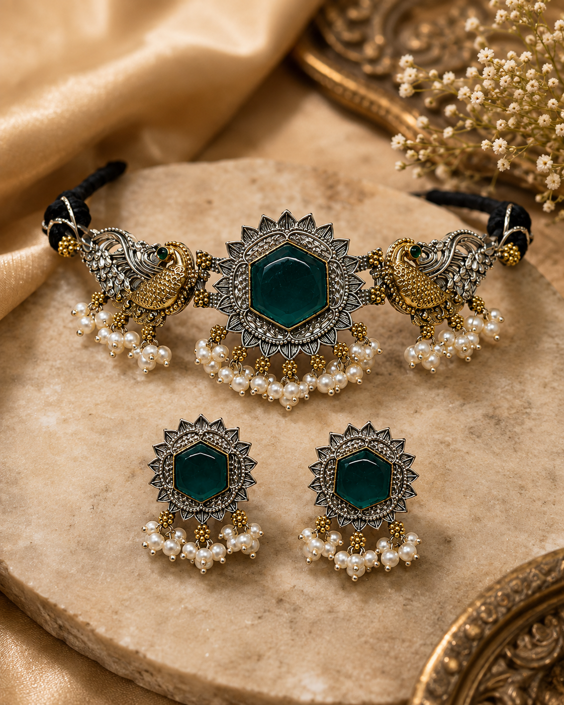 Oxidized Silver Peacock Choker Necklace & Earrings Set with Green Stone