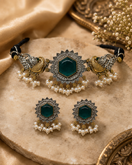 Oxidized Silver Peacock Choker Necklace & Earrings Set with Green Stone