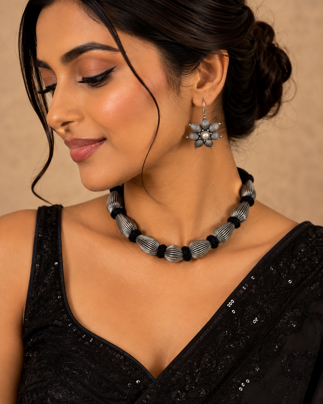 Floral Pearl Oxidized Necklace & Earrings Set