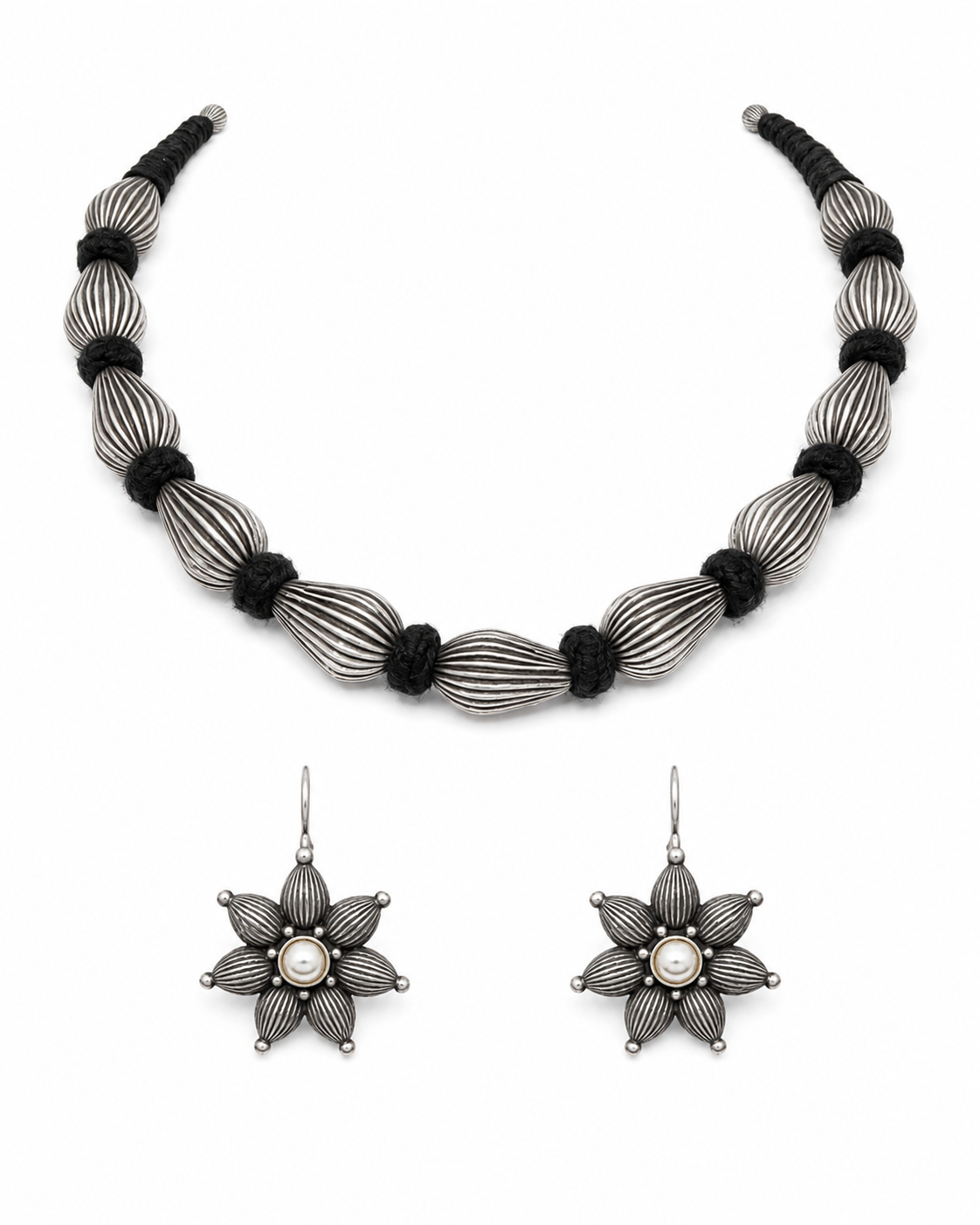 Floral Pearl Oxidized Necklace & Earrings Set