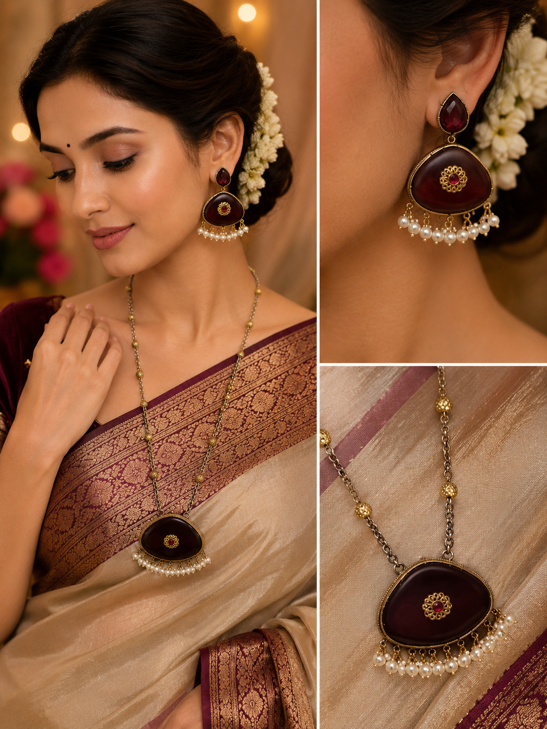 Royal Ruby Pearl Pendant Necklace Set
