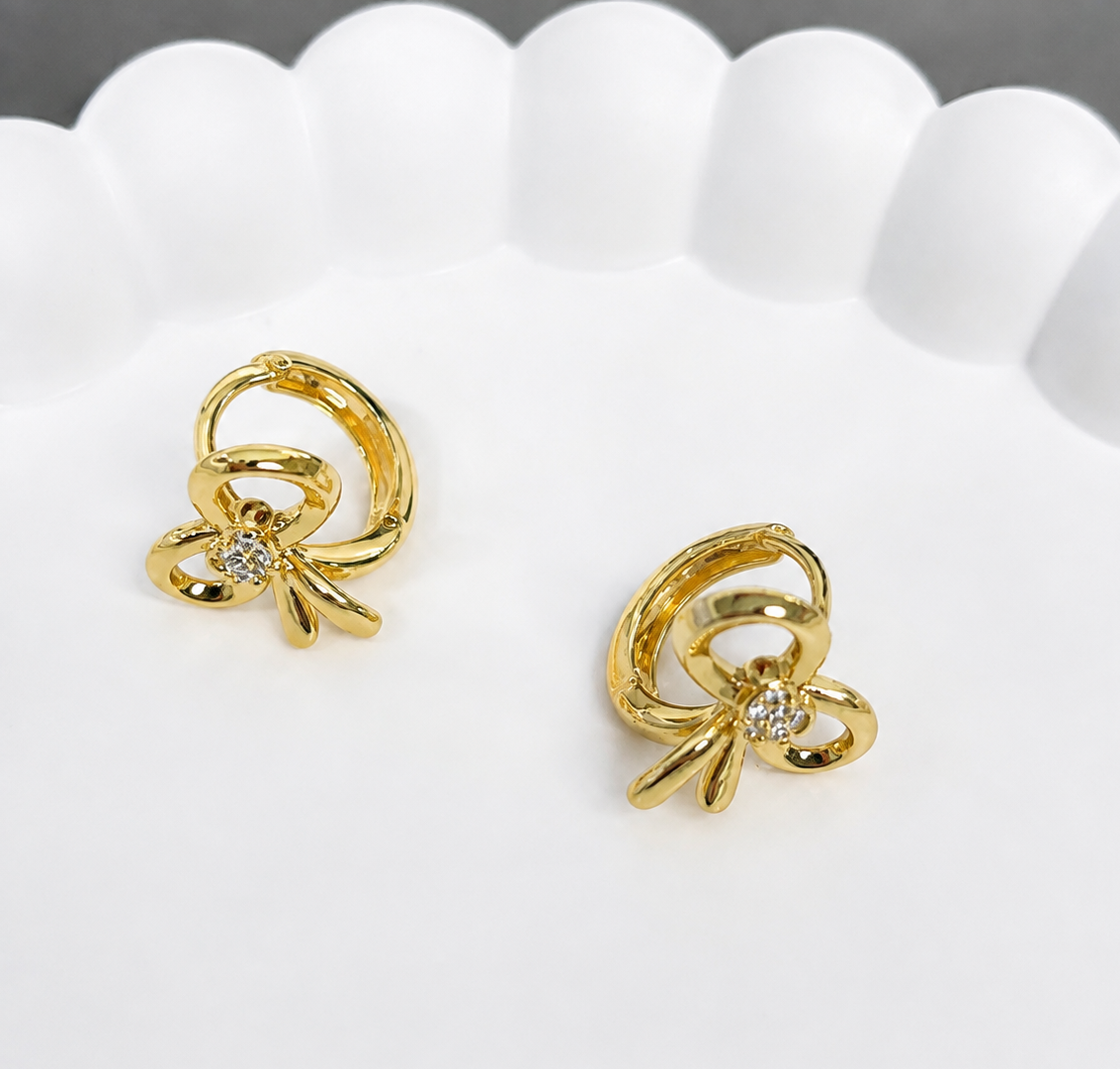 Gold Plated Crystal Heart Bow Stud Earrings for Women & Girls Cute Ribbon Design Earrings