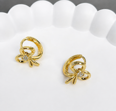 Gold Plated Crystal Heart Bow Stud Earrings for Women & Girls Cute Ribbon Design Earrings
