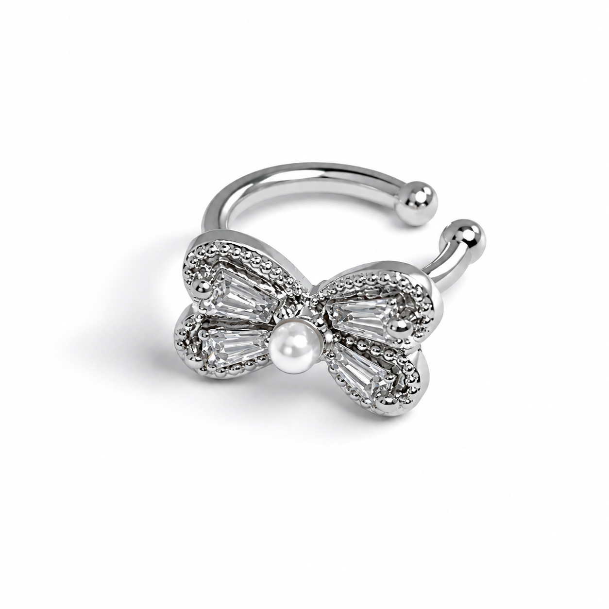 Silver Plated Crystal Bow Ear Cuff for Women & Girls Elegant No Piercing Ear Clip
