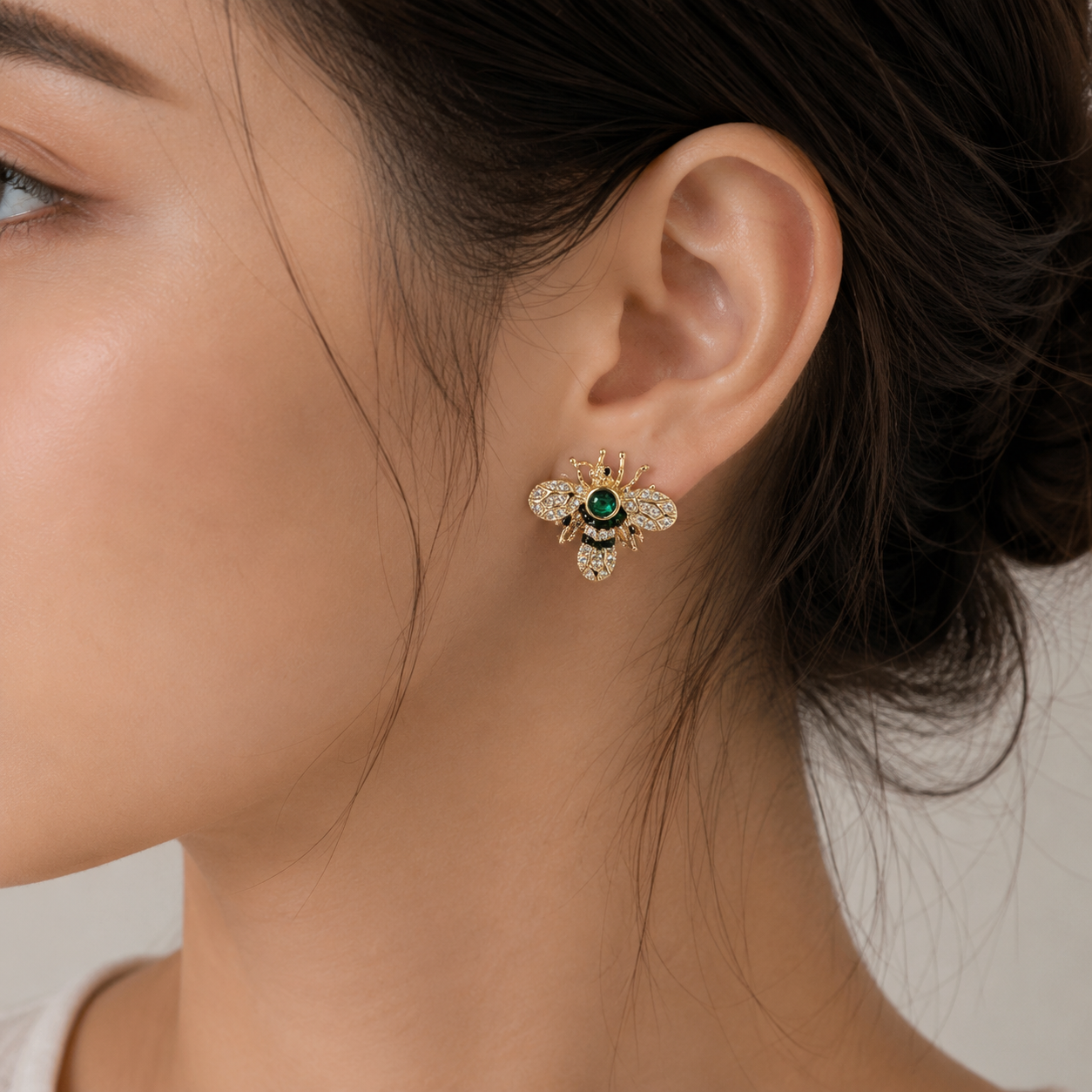 Gold Plated Crystal Bee Stud Earrings for Women & Girls Green Stone Insect Design Earrings
