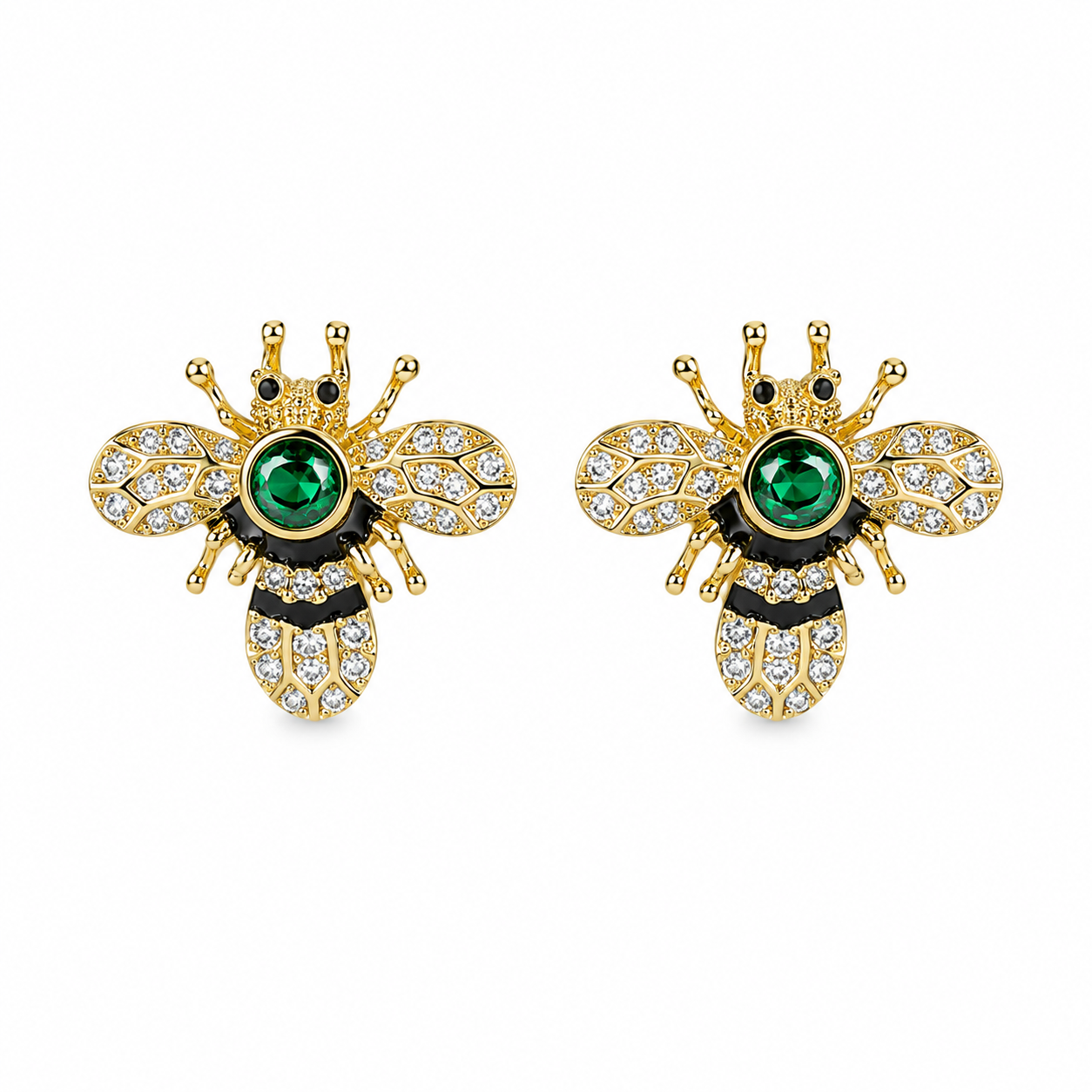 Gold Plated Crystal Bee Stud Earrings for Women & Girls Green Stone Insect Design Earrings