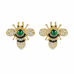 Gold Plated Crystal Bee Stud Earrings for Women & Girls Green Stone Insect Design Earrings