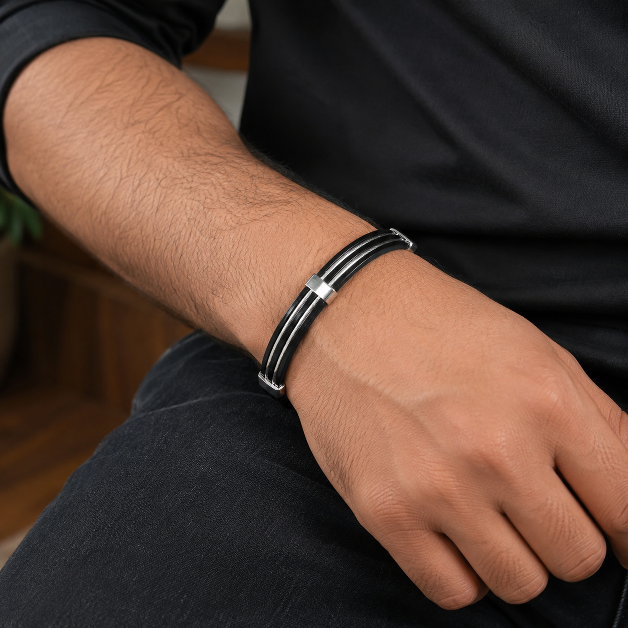 Black Stainless Steel Cable Wire Kada Bracelet