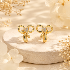 Gold Plated Crystal Heart Bow Stud Earrings for Women & Girls Cute Ribbon Design Earrings