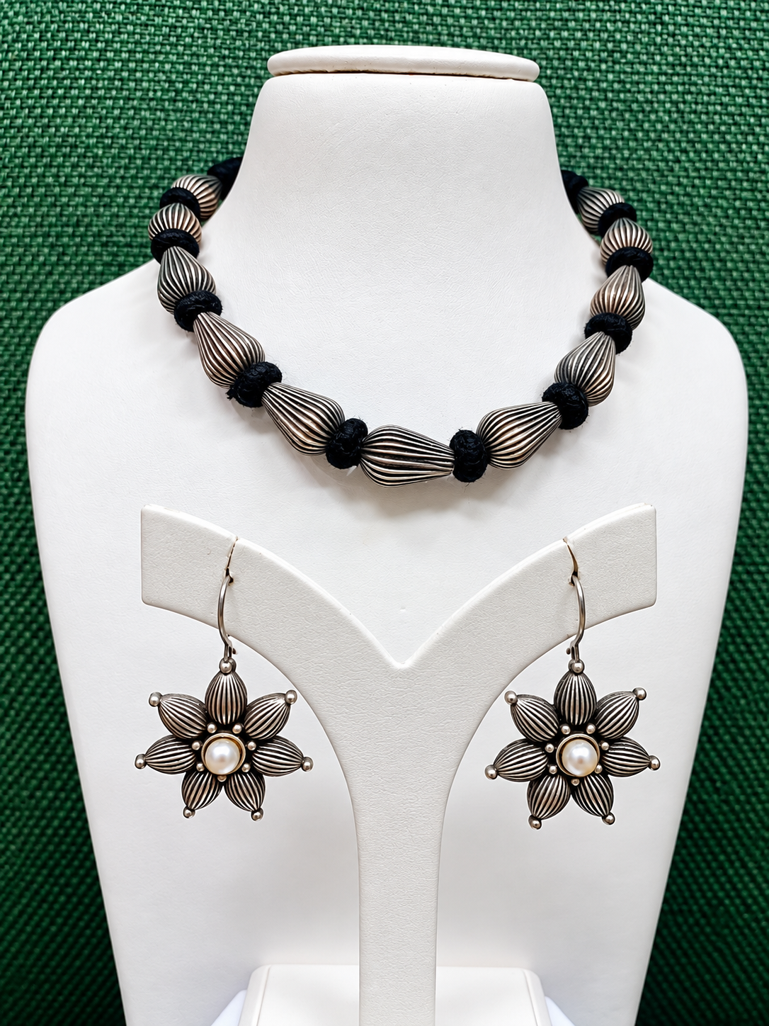 Floral Pearl Oxidized Necklace & Earrings Set