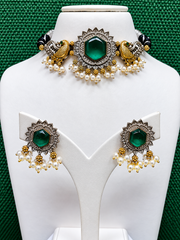 Oxidized Silver Peacock Choker Necklace & Earrings Set with Green Stone
