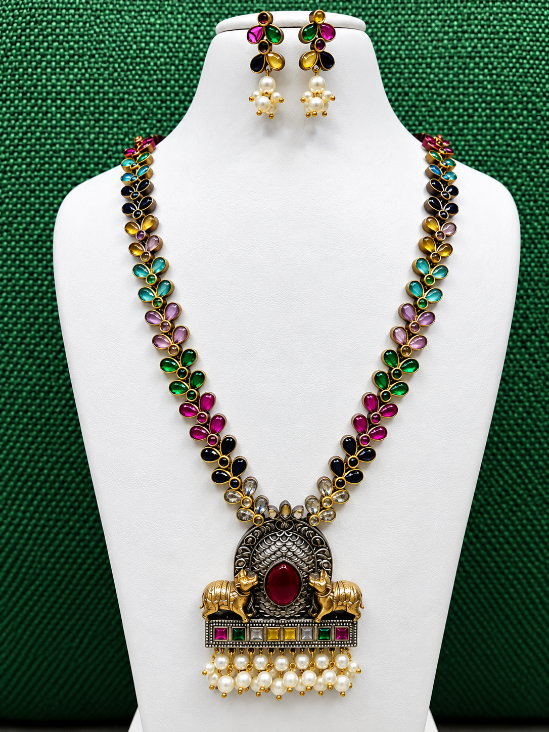 Royal Elephant Motif Multicolor Stone Necklace & Earrings Set