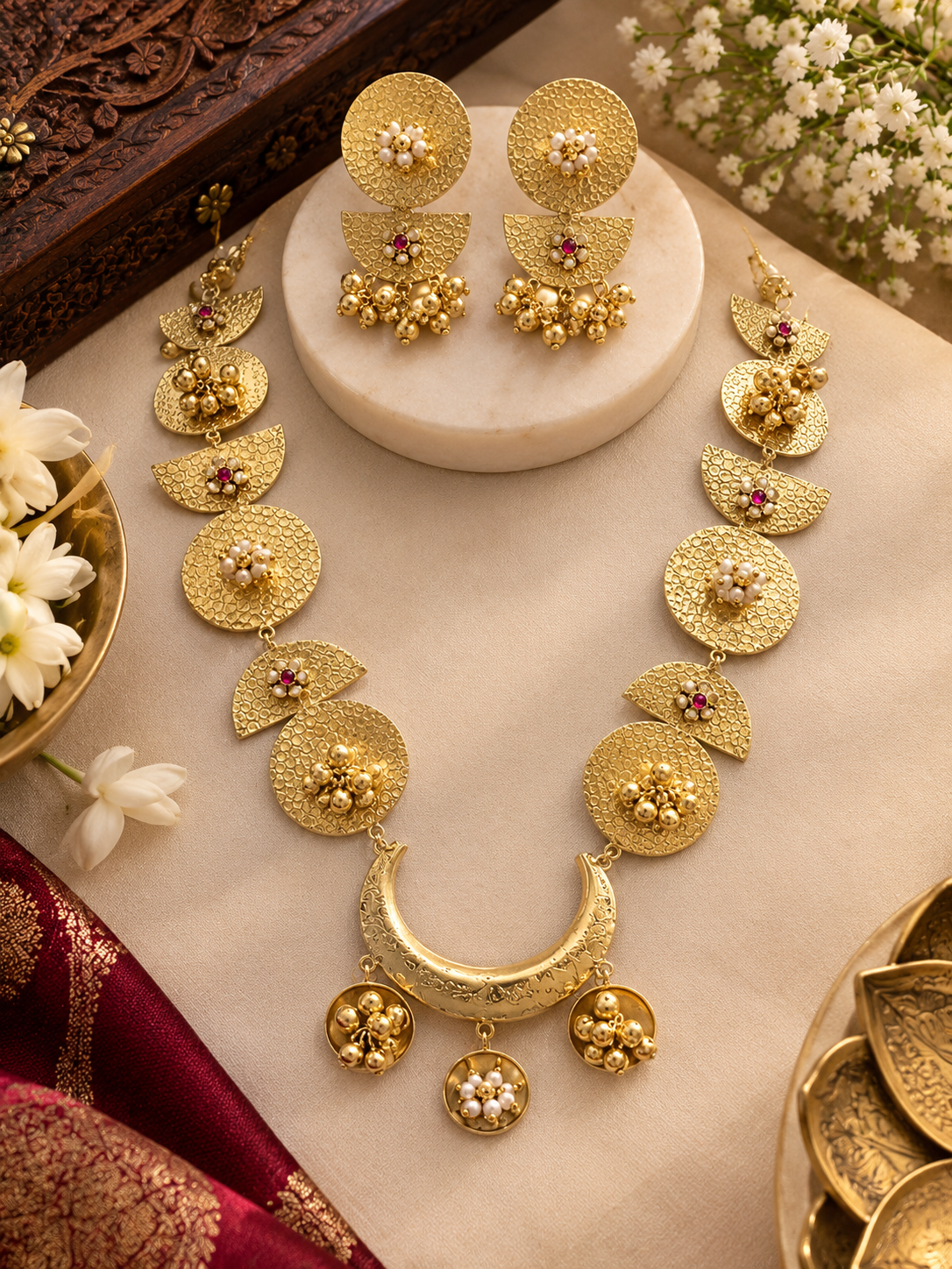 Gold Tone Hammered Disc Statement Necklace Set with Earrings for Women