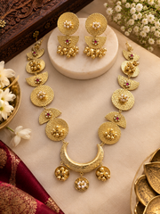 Gold Tone Hammered Disc Statement Necklace Set with Earrings for Women