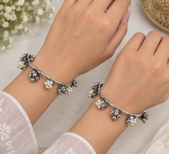 Oxidised Silver Pearl Ghungroo Kada Bracelet for Women | Traditional Ethnic Open Cuff Bangle