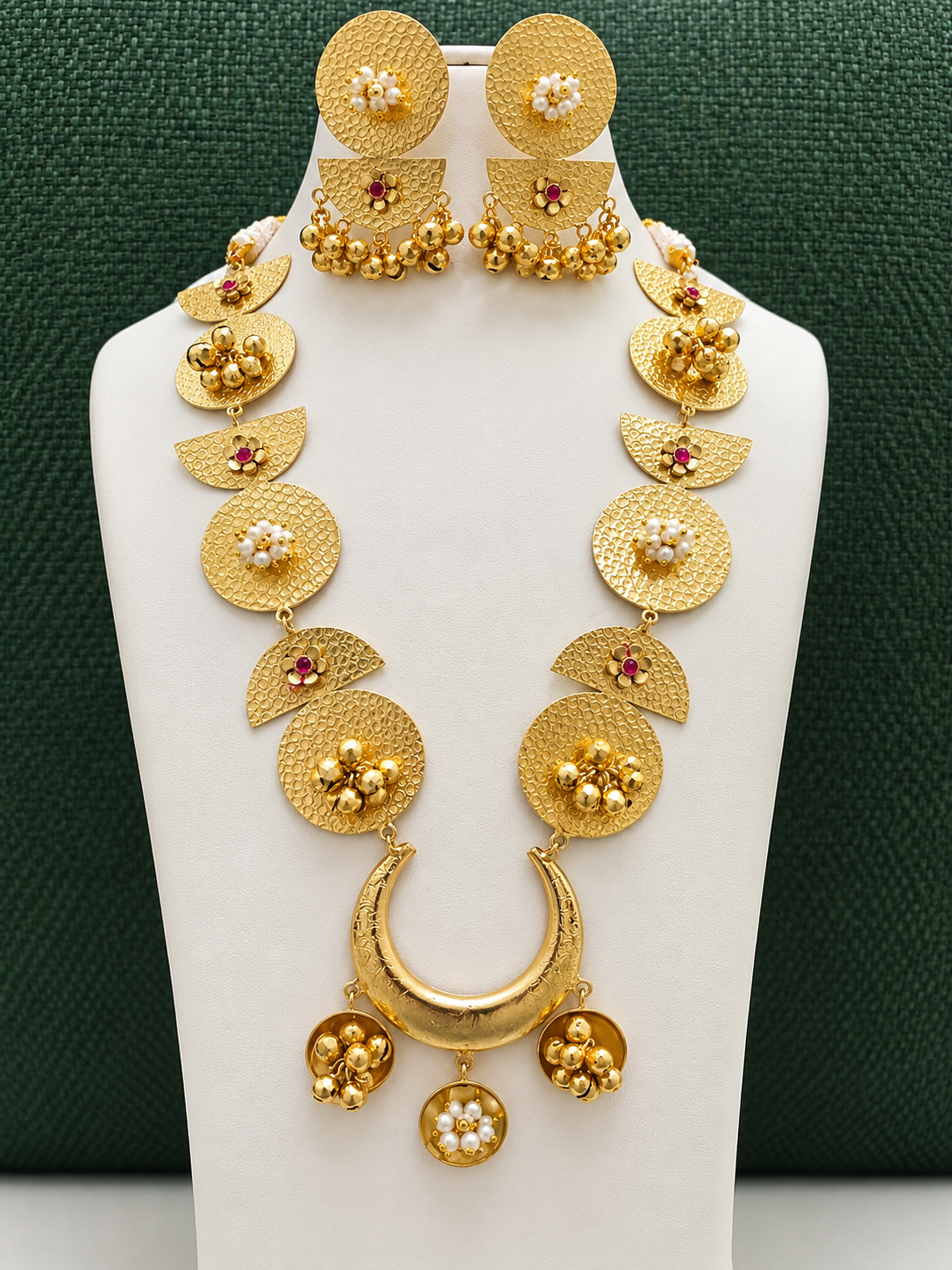 Gold Tone Hammered Disc Statement Necklace Set with Earrings for Women