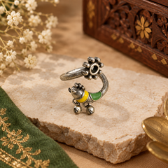 Oxidised Peacock Adjustable Finger Ring Handcrafted Ethnic Statement Ring with Ghungroo Accents for Women & Girls