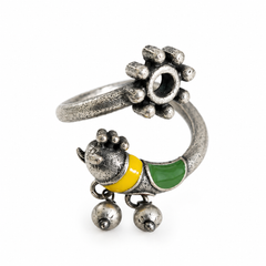 Oxidised Peacock Adjustable Finger Ring Handcrafted Ethnic Statement Ring with Ghungroo Accents for Women & Girls