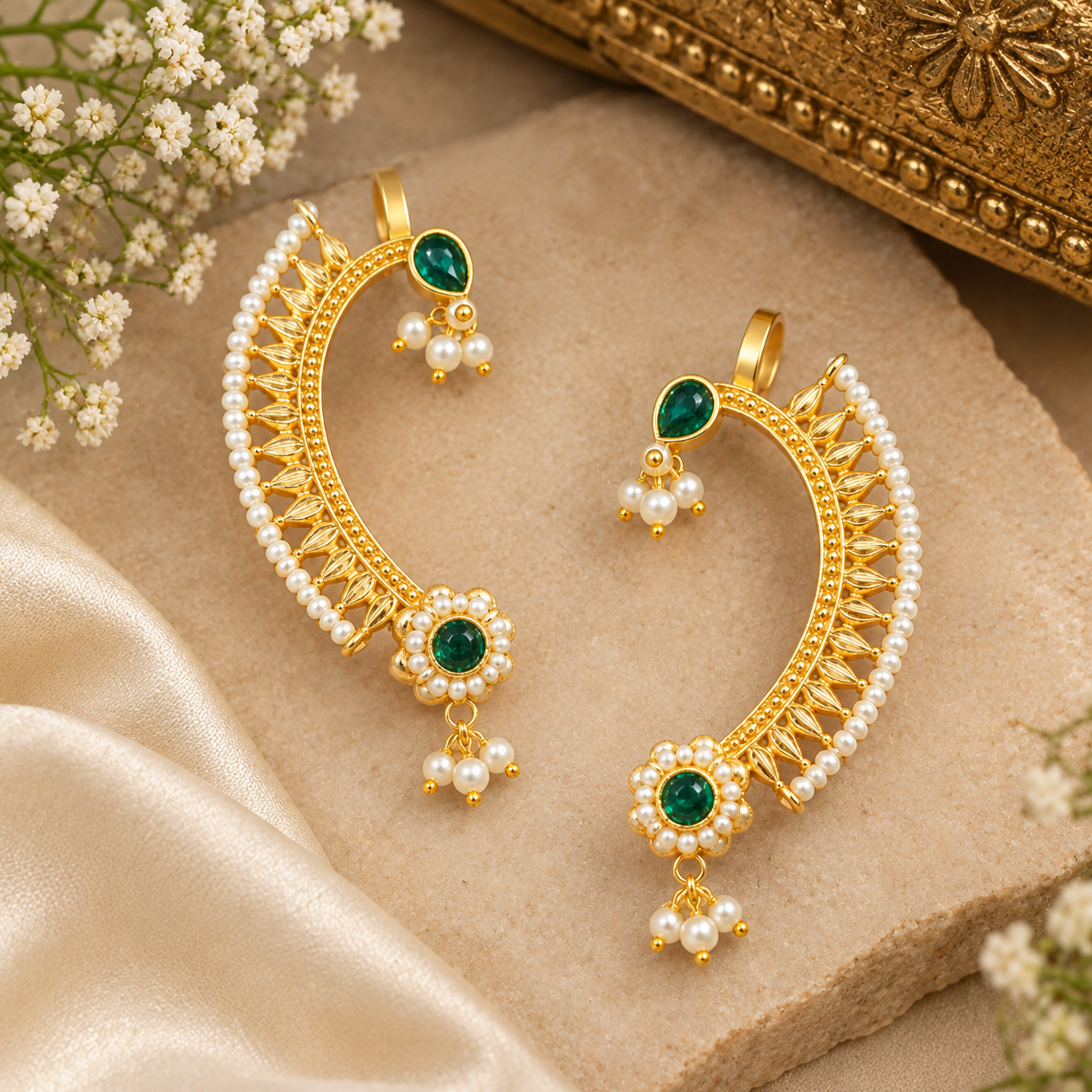 Traditional Pearl & Green Stone Gold Plated Bridal Ear Cuff with Pearl Drops Earrings for Women
