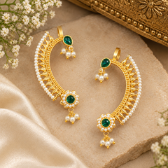 Traditional Pearl & Green Stone Gold Plated Bridal Ear Cuff with Pearl Drops Earrings for Women
