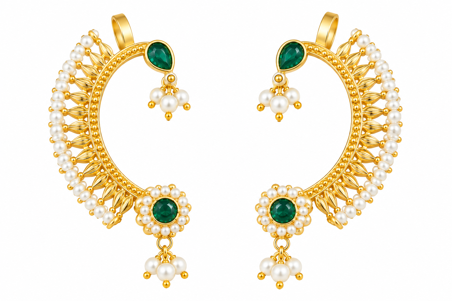 Traditional Pearl & Green Stone Gold Plated Bridal Ear Cuff with Pearl Drops Earrings for Women