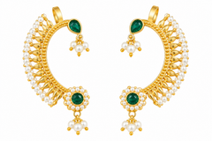 Traditional Pearl & Green Stone Gold Plated Bridal Ear Cuff with Pearl Drops Earrings for Women