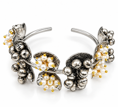 Oxidised Silver Pearl Floral Kada Bracelet for Women Traditional Ethnic Open Cuff Bangle