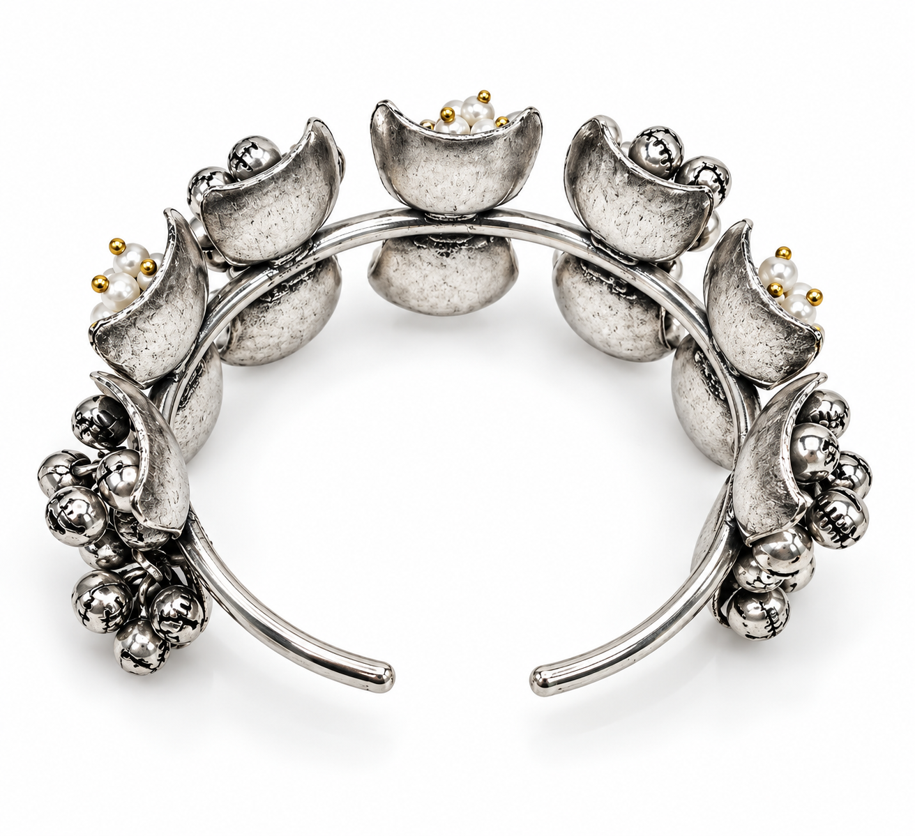 Oxidised Silver Pearl Floral Kada Bracelet for Women Traditional Ethnic Open Cuff Bangle
