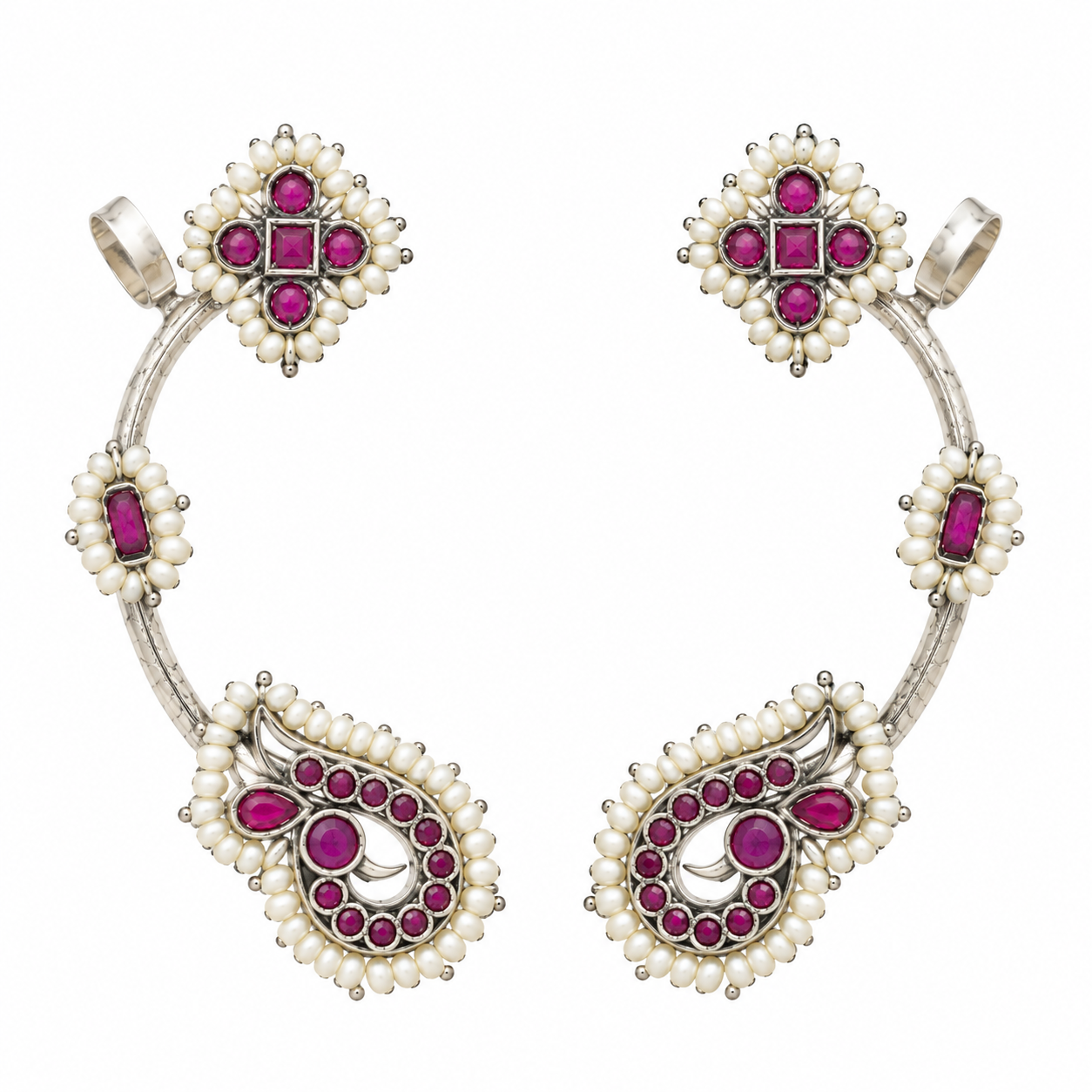 Traditional Kundan Pearl  Pink Stone  Silver-Tone Ethnic Ear Wrap Ear Cuff Earring for Women