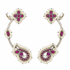 Traditional Kundan Pearl  Pink Stone  Silver-Tone Ethnic Ear Wrap Ear Cuff Earring for Women