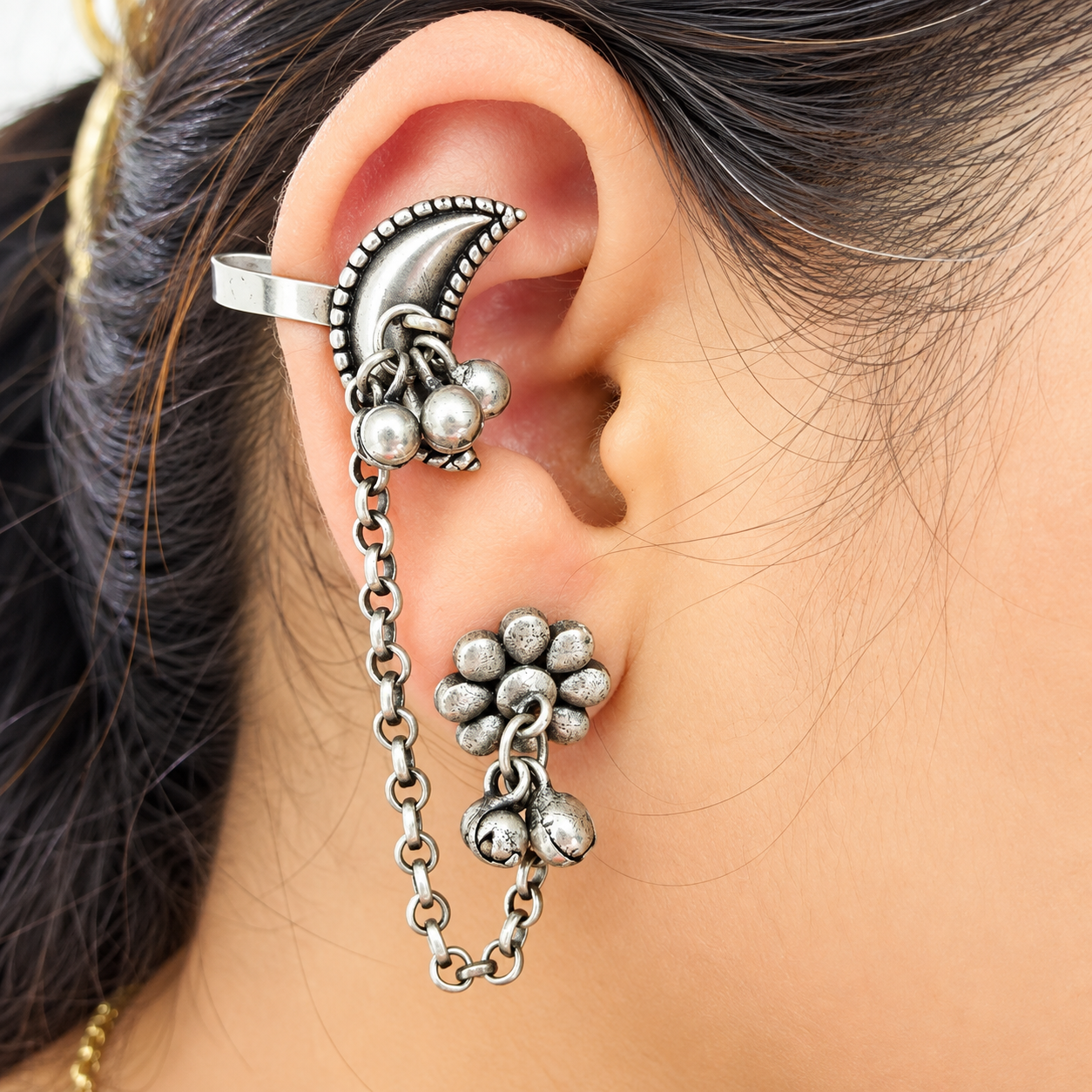 Oxidised Silver Moon  Tribal Ear Cuff Chain Earrings for Women & Girls