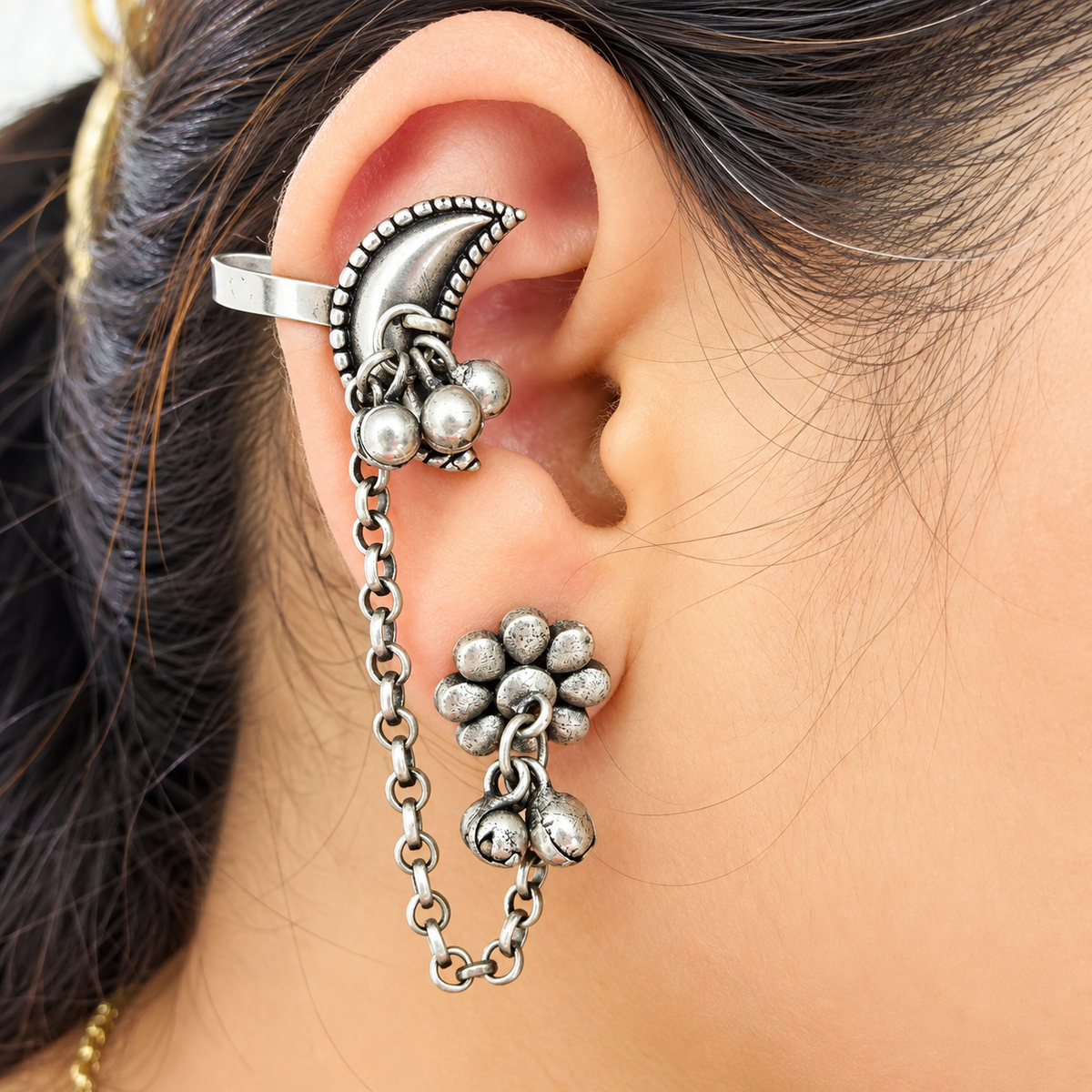 Oxidised Silver Moon  Tribal Ear Cuff Chain Earrings for Women & Girls
