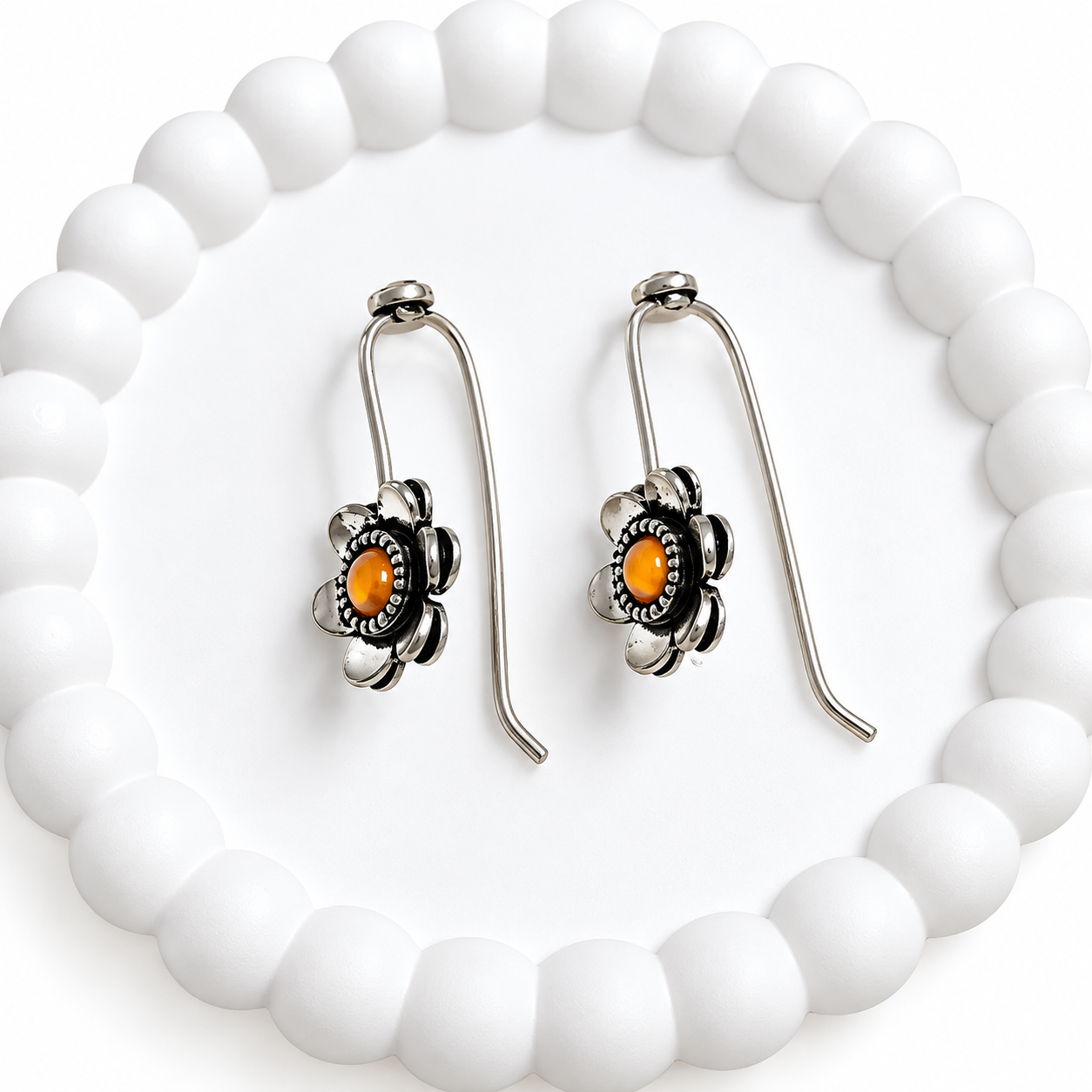 Floral DropOxidised Silver Flower Earrings with Amber Stone Earrings for Women & Girls