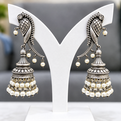 Peacock Jhumka Oxidised Silver Pearl Drop Traditional Statement Dangler Earrings