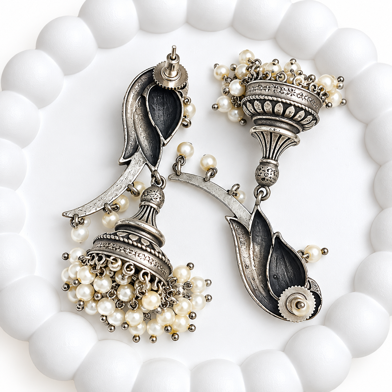 Peacock Jhumka Oxidised Silver Pearl Drop Traditional Statement Dangler Earrings